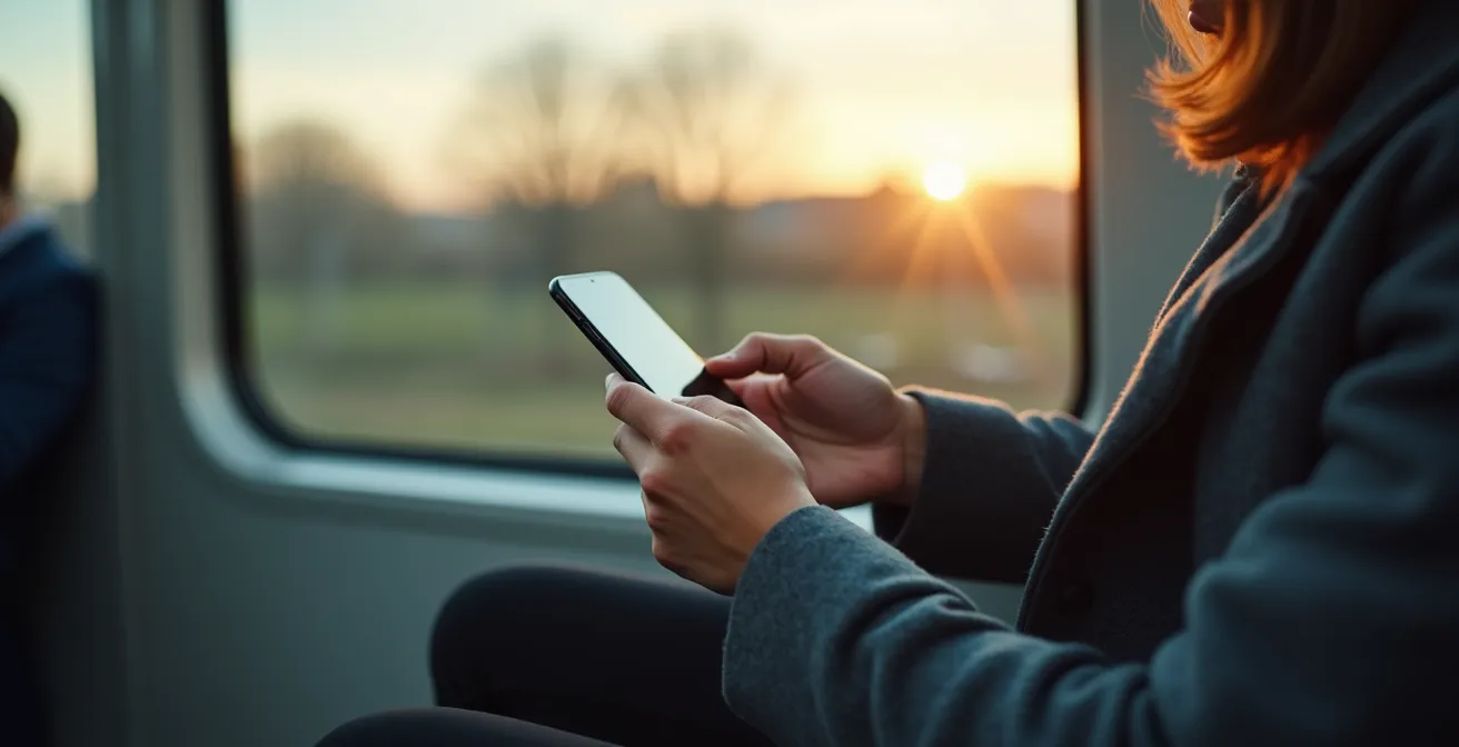 Hand hält Smartphone mit Kopfhörern in moderner U-Bahn-Umgebung
