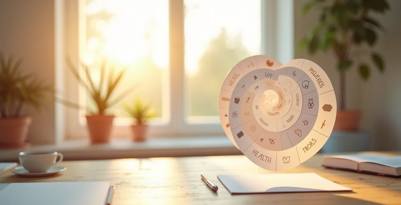 Zirkuläre Darstellung eines 90-Tage-Plans mit verschiedenen Lebensbereichen in harmonischer Anordnung