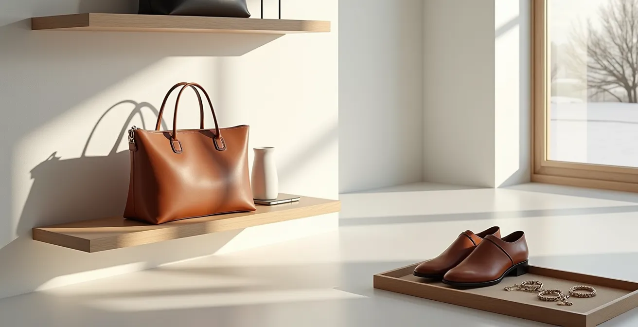 Verschiedene hochwertige Accessoires auf hellem Hintergrund arrangiert