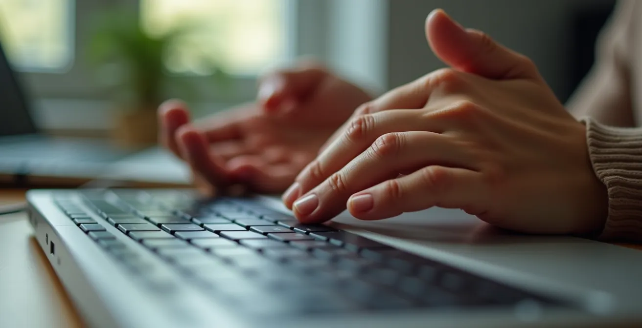 Nahaufnahme von Händen auf einer Tastatur in meditativer Ruheposition