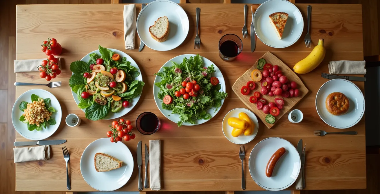 Ausgewogene 80/20 Ernährung mit deutschen Gerichten, die Balance zwischen gesunden und Genuss-Lebensmitteln zeigt