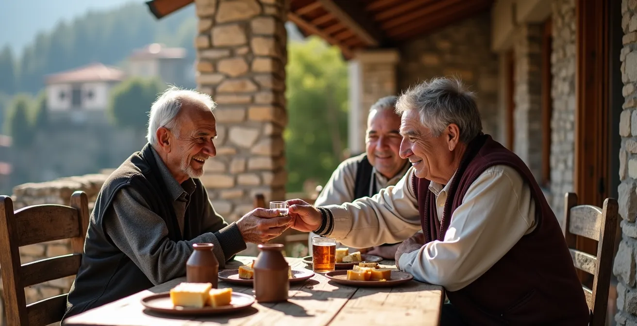 Traditionelles albanisches Bergdorf mit Steinhäusern in unberührter Landschaft