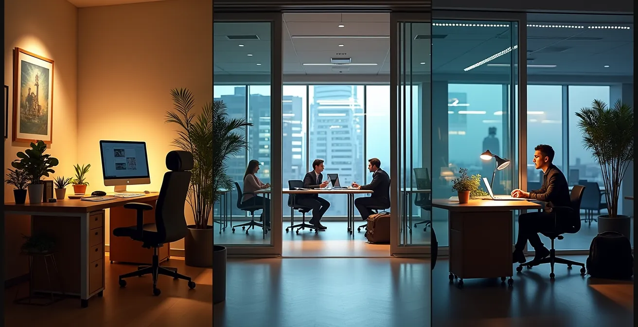 Drei Arbeitsumgebungen im visuellen Vergleich: ein gemütliches Homeoffice, ein modernes deutsches Büro und ein flexibler Hybrid-Arbeitsplatz.