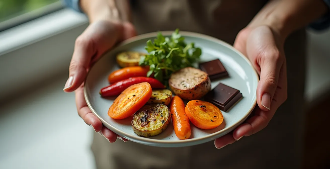 Teller mit ausgewogener Mahlzeit nach der 80/20-Methode, der das Prinzip der Balance zwischen Nährstoffen und Genuss visuell darstellt.