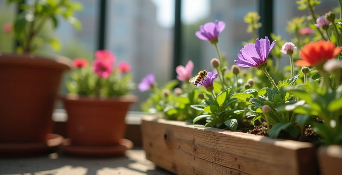 Urbaner Balkon mit heimischen Wildpflanzen und Insektenbesuchern als Trittsteinbiotop