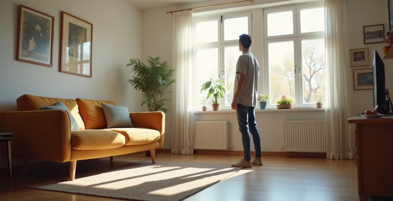 Eine Person betrachtet nachdenklich die Anordnung von Möbeln in einer hellen deutschen Wohnung, die von Bauhaus-Minimalismus inspiriert ist.