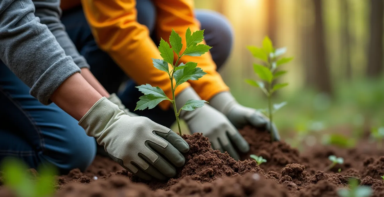 Freiwillige bei lokaler Baumpflanzaktion in deutschem Mischwald