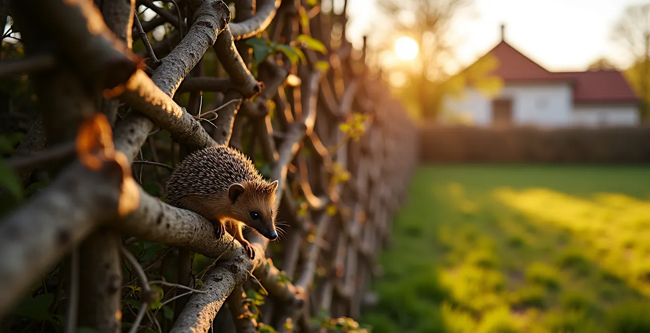 Eine kunstvoll aufgeschichtete Benjeshecke aus Totholz und Ästen dient im Abendlicht als natürlicher Lebensraum für Tiere in einem deutschen Garten.