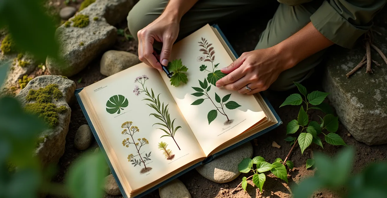 Detaillierte botanische Darstellung verschiedener Pflanzenfamilien mit charakteristischen Merkmalen