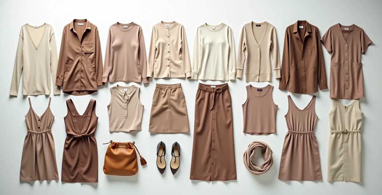 Minimalistische Garderobe mit 20 aufeinander abgestimmten Kleidungsstücken in harmonischen Farben