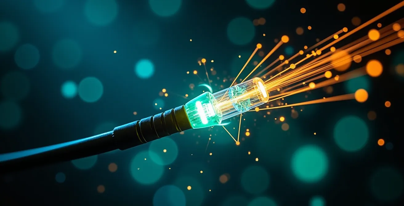 Abstrakte Darstellung von Hochfrequenzhandel mit Lichtstrahlen und Datenströmen