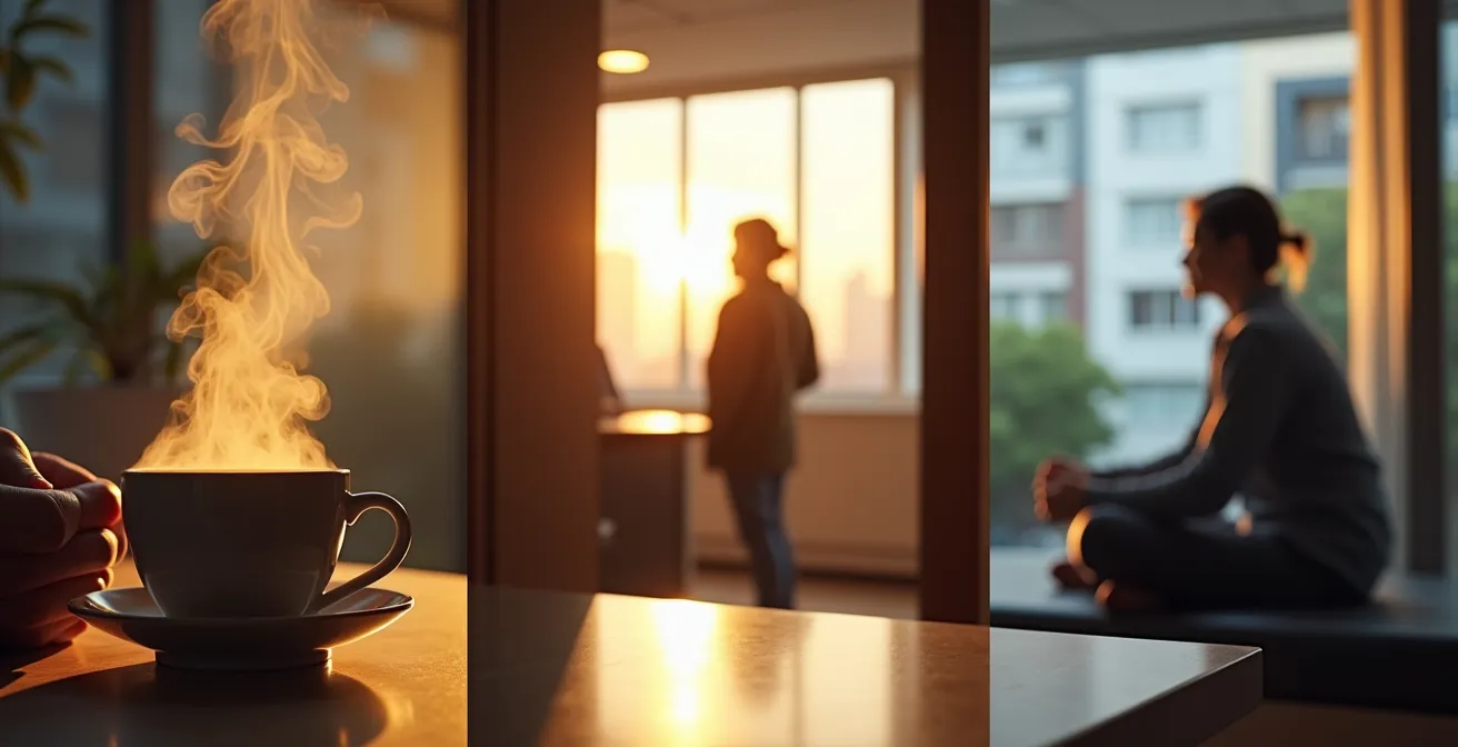 Dreigeteile Komposition zeigt verschiedene Tageszeiten mit achtsamen Momenten