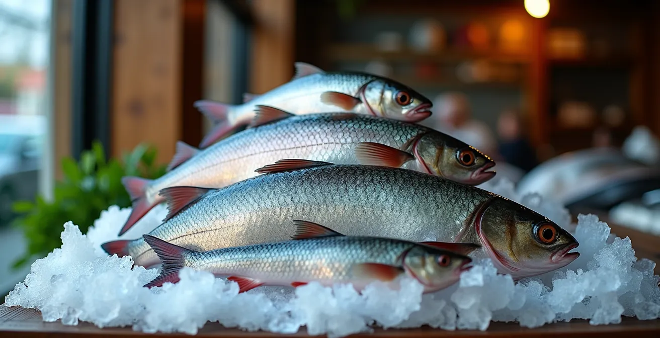 Visuelle Darstellung einer Entscheidungspyramide für nachhaltigen Fischkauf, die verschiedene Fischarten in einer hierarchischen Anordnung auf Eis zeigt.