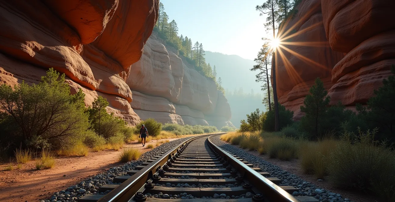 Zugfahrt durch eine dramatische Felslandschaft mit sichtbarer Bahnstrecke, die sich durch die Naturkulisse schlängelt