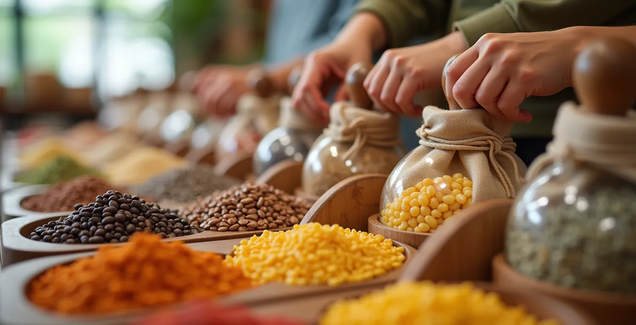Die Hände eines Kindes schaufeln mit Freude bunte Linsen in einem Unverpackt-Laden in eine Stofftüte.