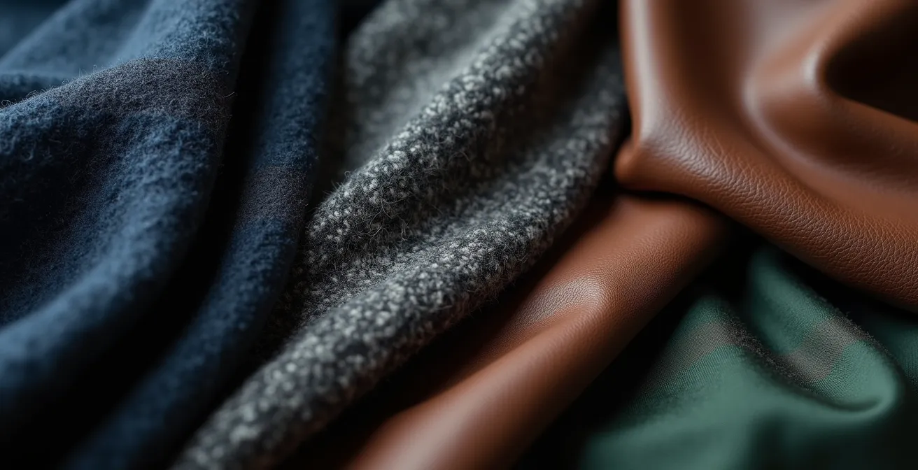 Elegante Kleidungsstücke in verschiedenen dunklen Farbnuancen wie Navy, Anthrazit und Schokoladenbraun arrangiert