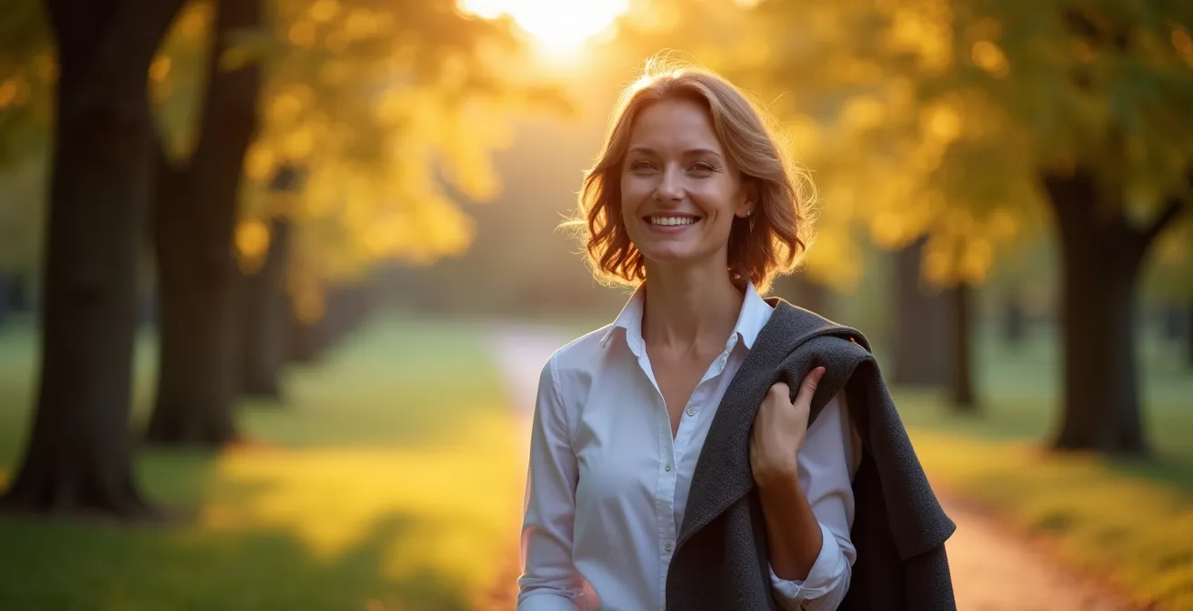 Eine Person genießt einen entspannten Feierabend-Spaziergang in einer typisch deutschen Parklandschaft, um mental von der Arbeit abzuschalten.