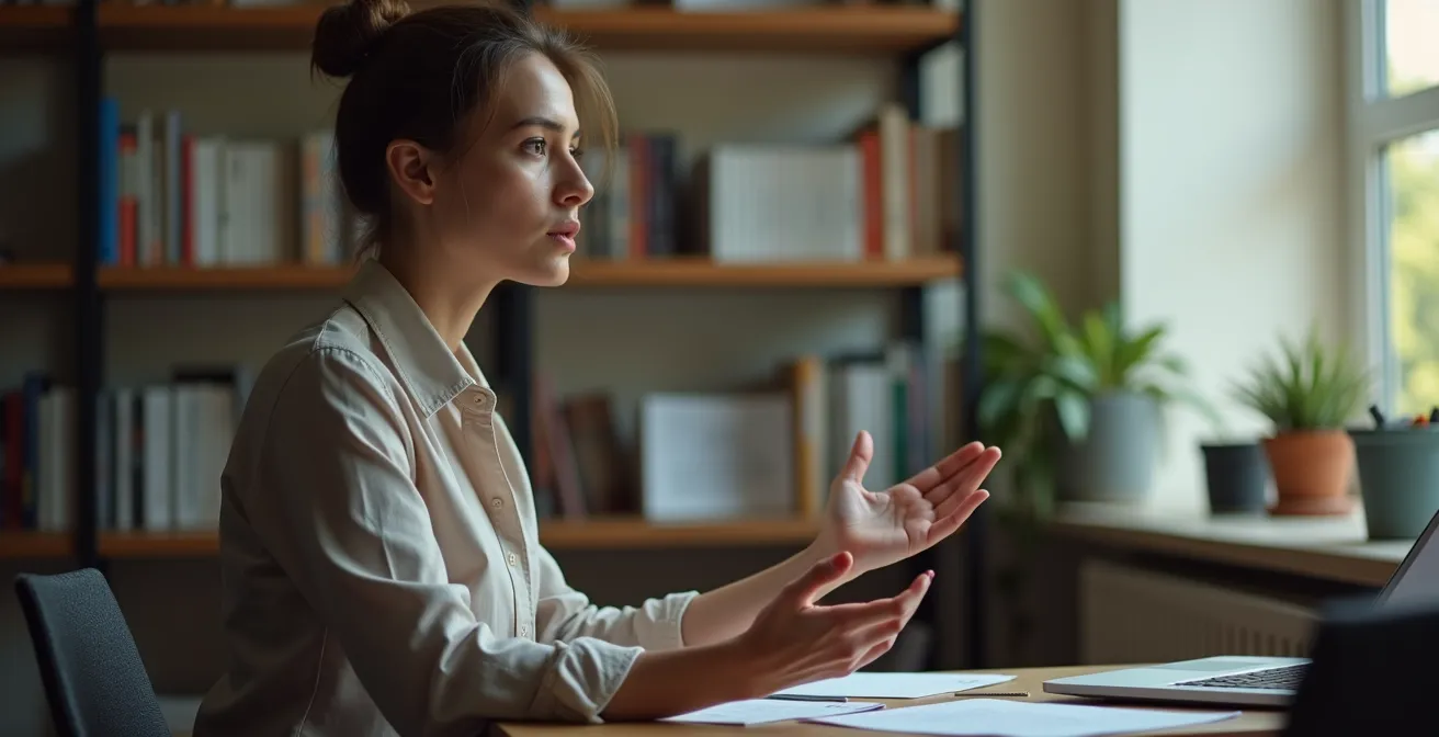 Person erklärt Konzept an imaginärer Tafel mit Gesten