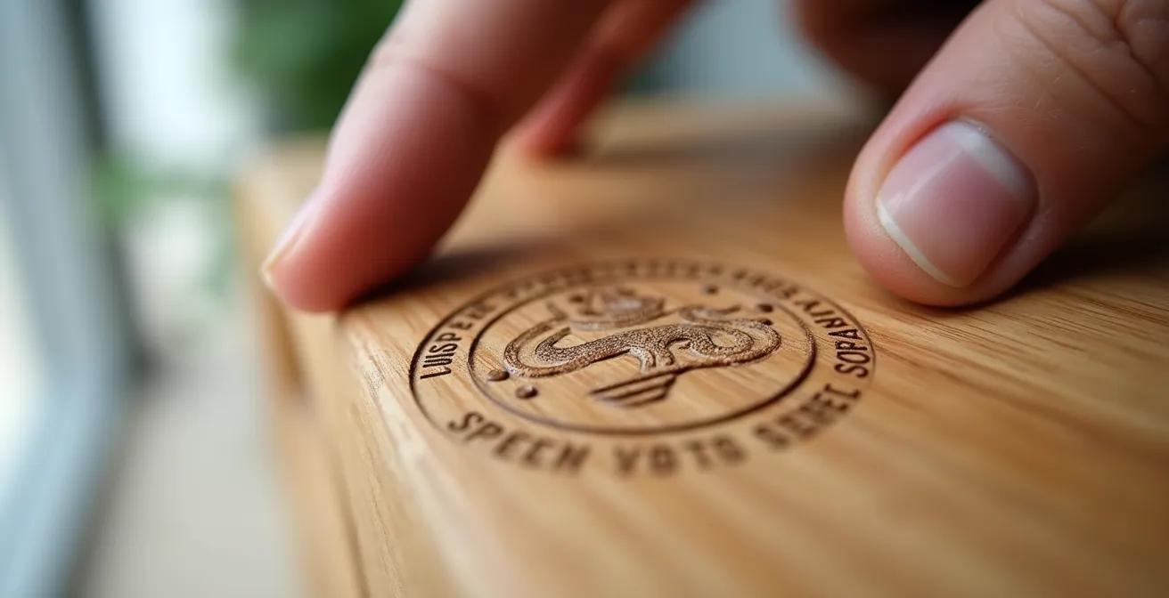 Hand prüft FSC-Siegel auf Holzmöbel im deutschen Möbelhaus