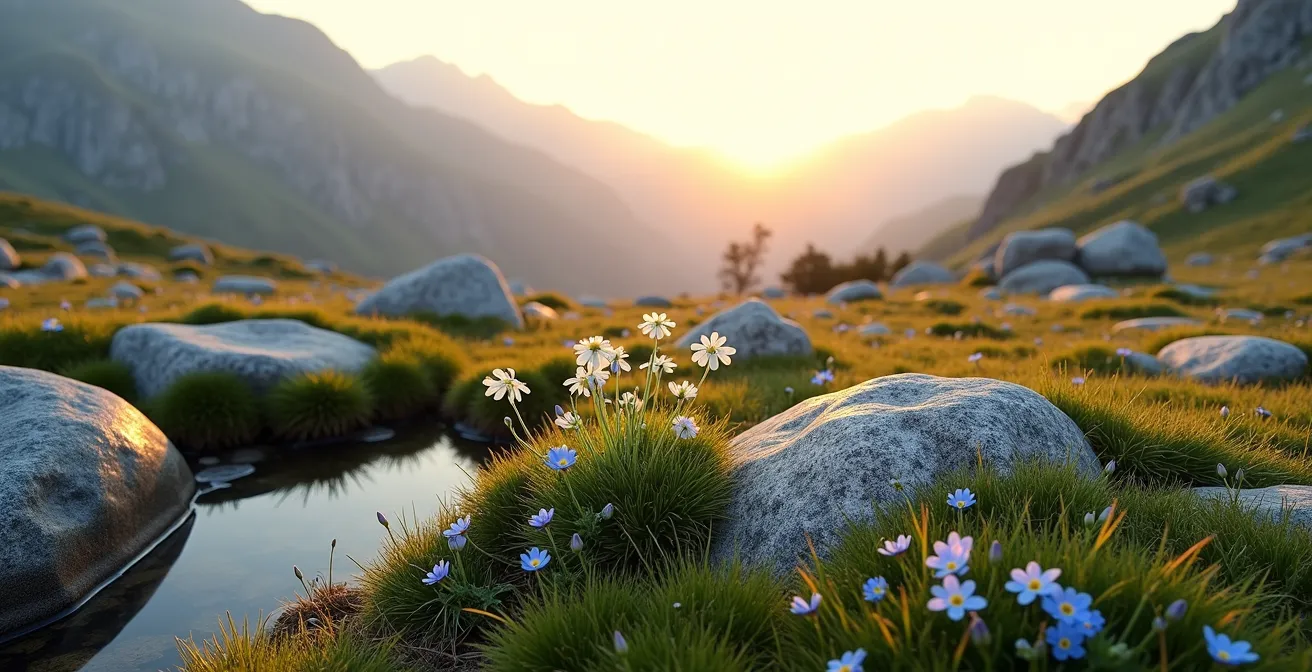 Botanische Zusammenstellung von fünf seltenen endemischen Pflanzenarten in ihren natürlichen Lebensräumen