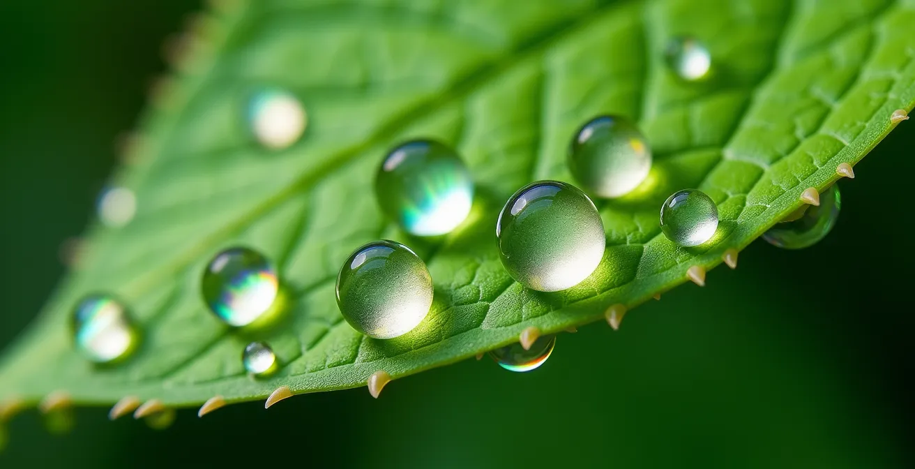 Makroaufnahme von Wassertropfen auf einem grünen Blatt, die verschiedene Aspekte der Gesundheit symbolisieren.