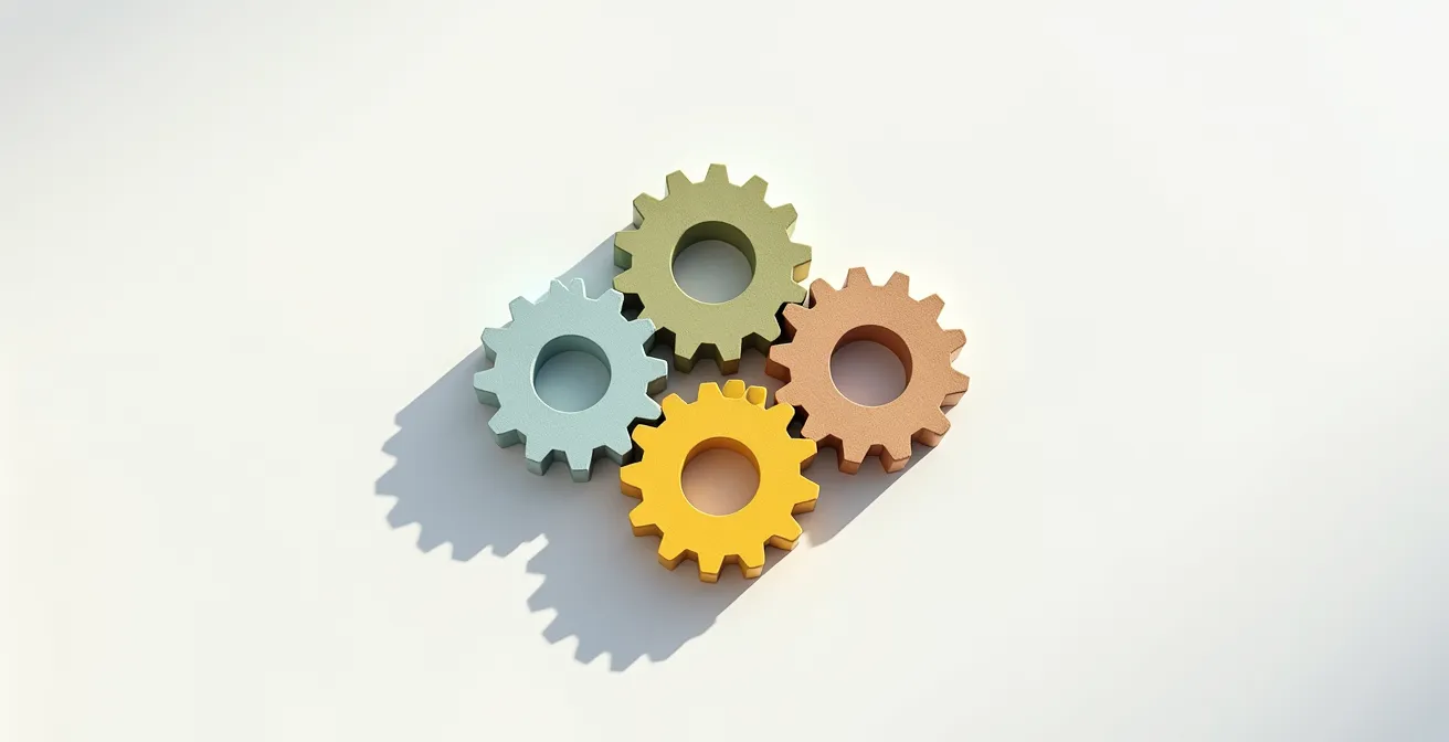 Vier ineinandergreifende Zahnräder, die die vier Säulen der Gesundheit symbolisieren und deren Synergie verdeutlichen.