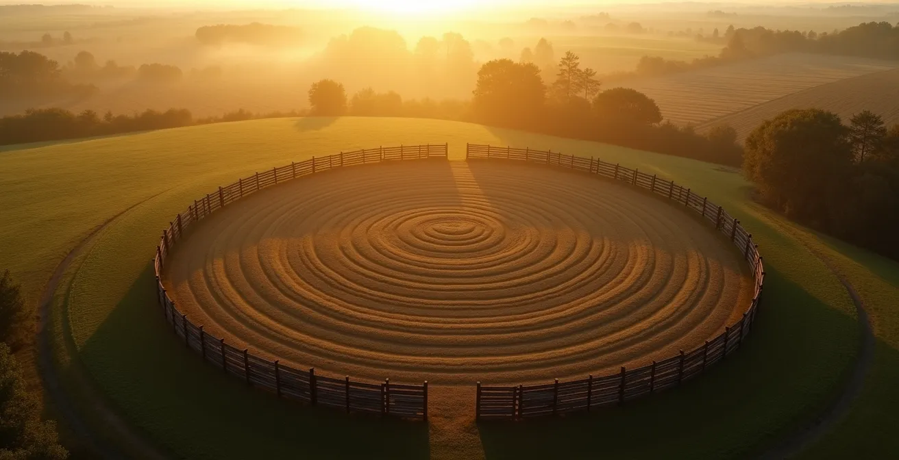 Luftaufnahme der rekonstruierten Kreisgrabenanlage Goseck bei Sonnenaufgang, die ihre astronomische Ausrichtung zeigt