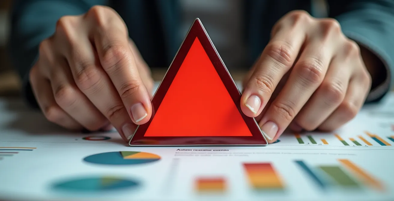 Nahaufnahme von Händen über verschwommenen Immobiliendokumenten mit Warnzeichen