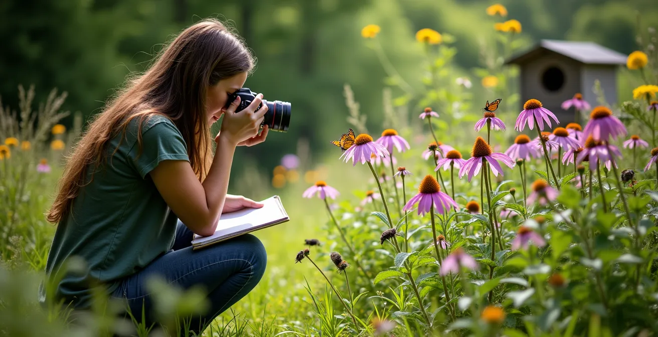 Naturgärtner dokumentiert Schmetterlinge und Wildbienen im blühenden Garten