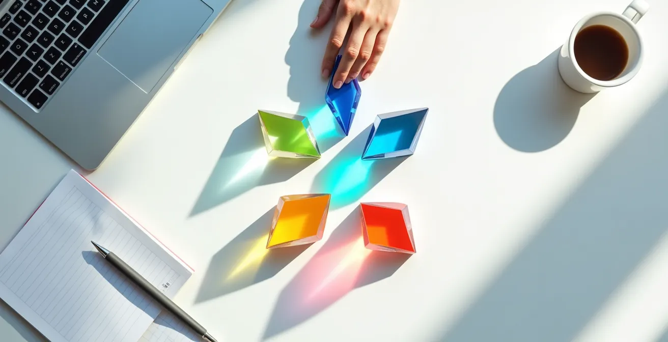 Abstrakte Darstellung verschiedener KI-Tool-Funktionen im Büroalltag