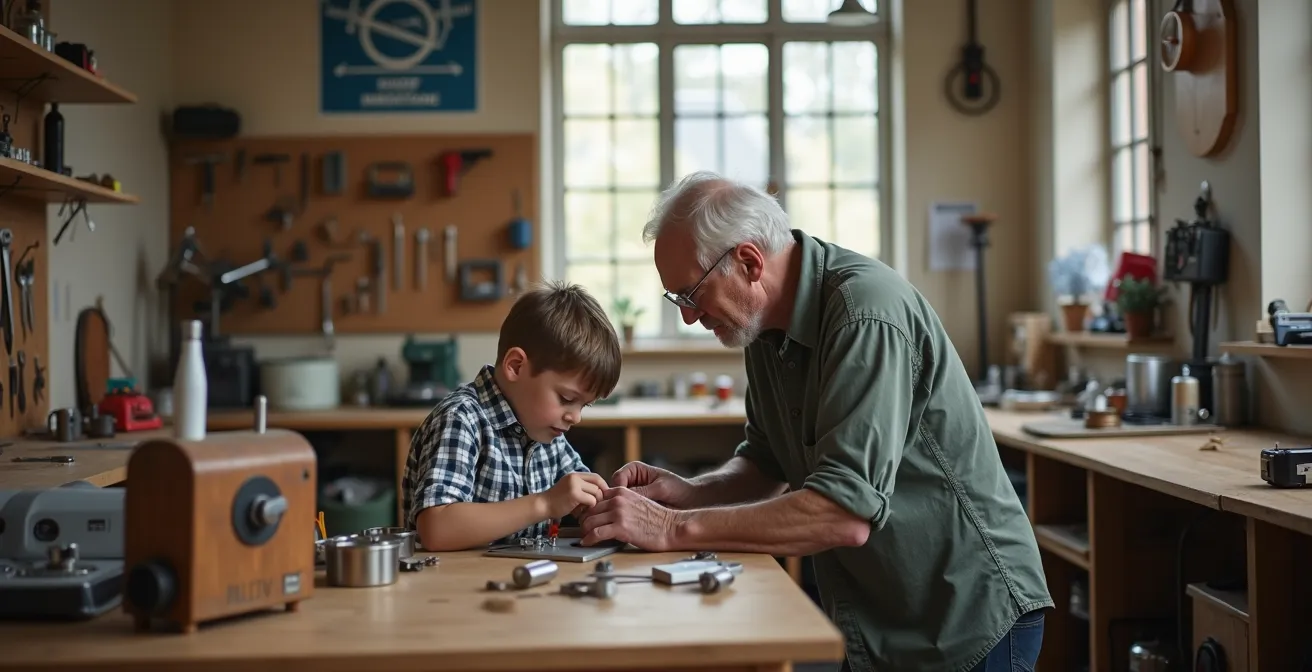 Kinder lernen im Reparatur-Café handwerkliche Fähigkeiten und Nachhaltigkeit, indem sie gemeinsam mit einem Erwachsenen an einem Gerät arbeiten.