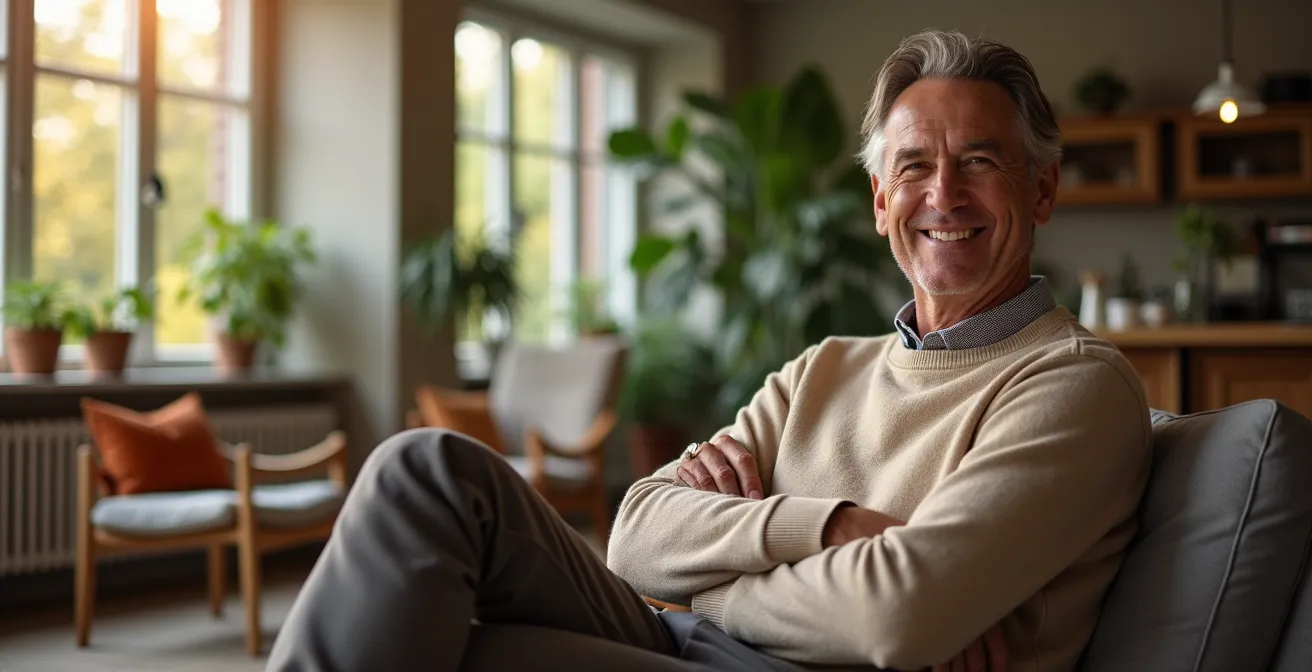 Eine Person in bequemer, hochwertiger Kleidung sitzt entspannt in einem minimalistischen deutschen Wohnzimmer