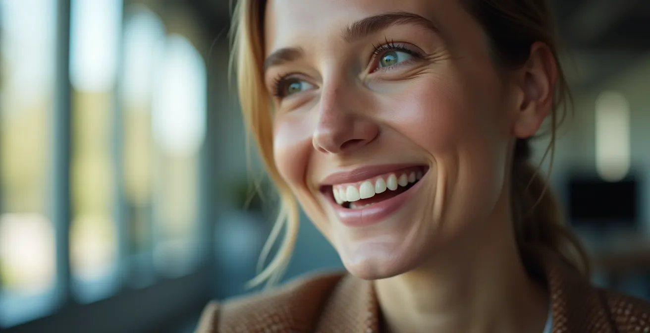 Eine professionelle Person in einem Videocall, die engagiert und positiv wirkt und die menschliche Seite der digitalen Kommunikation darstellt.