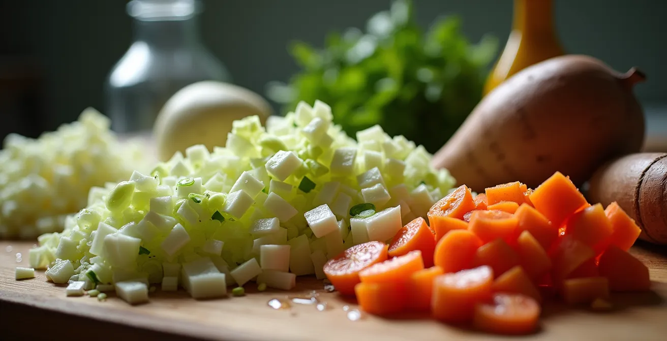 Meal Prep Vorbereitung am Sonntag in deutscher Küche mit frisch geschnittenem saisonalem Gemüse auf einem Holzbrett