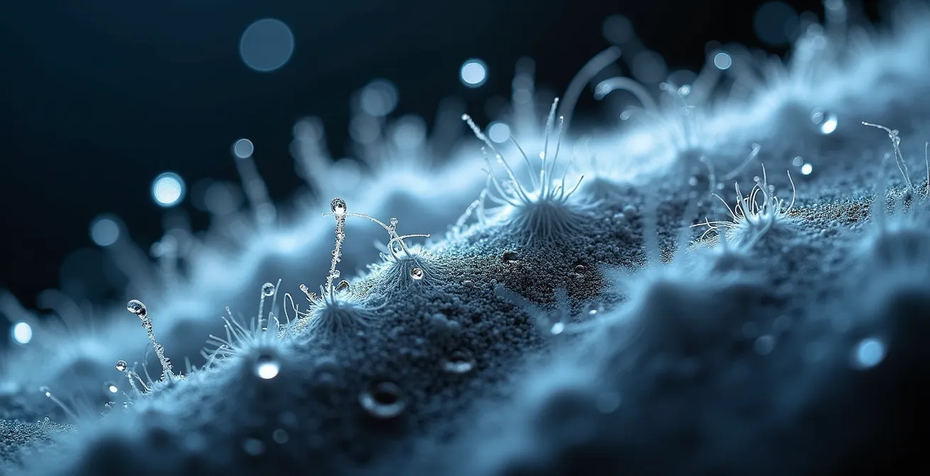 Makroaufnahme von synthetischen Textilfasern mit sichtbarem Mikroplastik