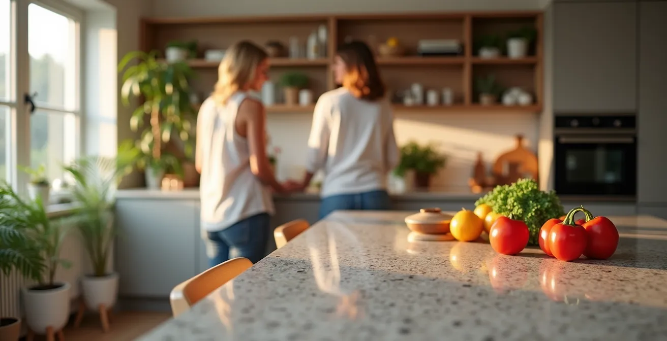 Moderne offene Küche mit Naturstein-Arbeitsplatte nach Renovierung
