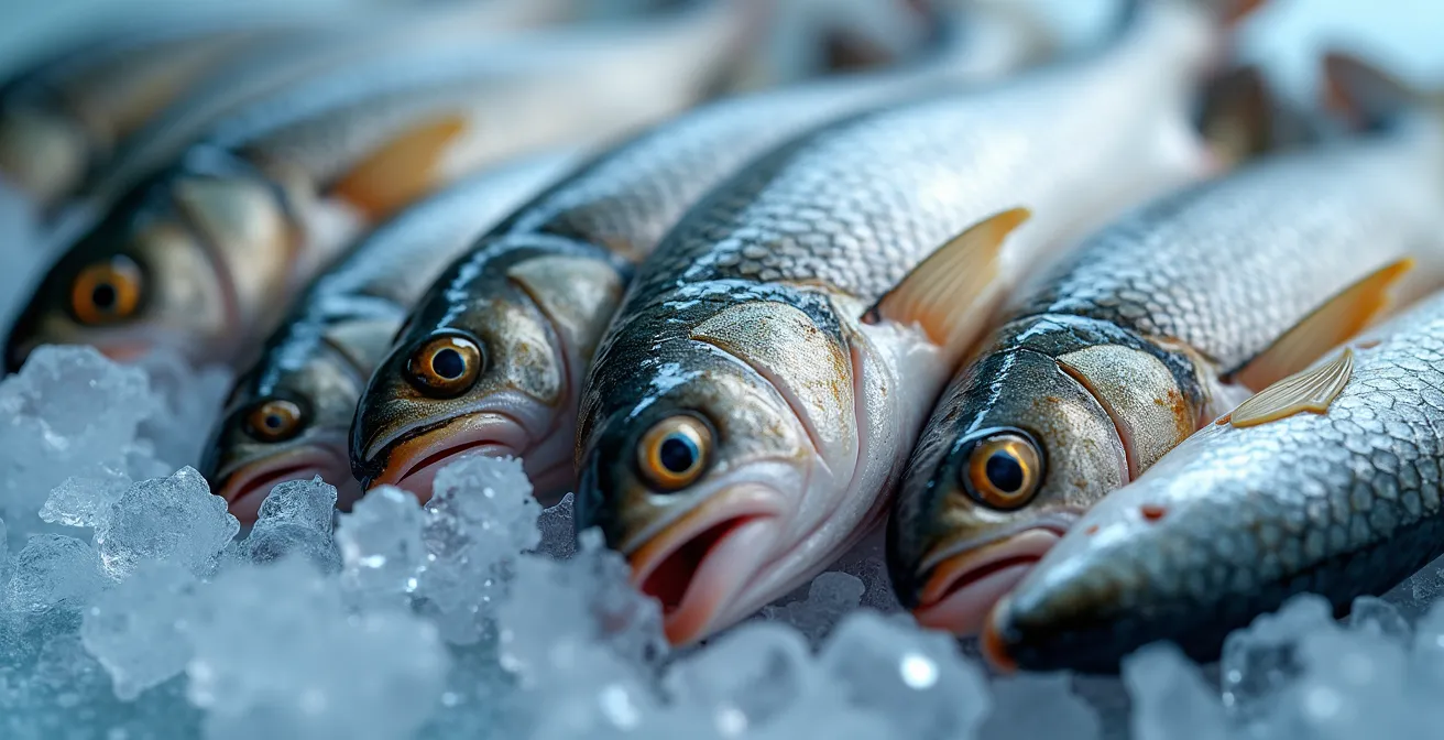 Ansprechend arrangierte Fischplatte mit heimischen nachhaltigen Fischarten wie Karpfen, Hering und Muscheln, die Genuss und Nachhaltigkeit symbolisiert.