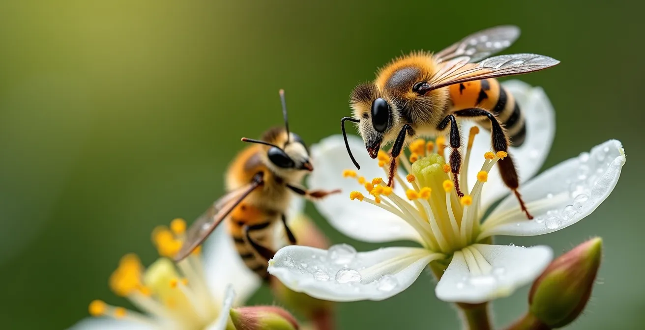 Makroaufnahme heimischer Insekten auf Weißdornblüten