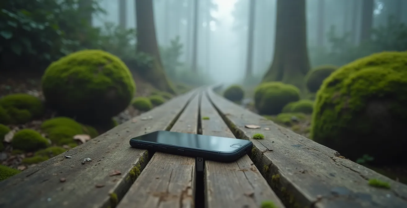 Symbolische Darstellung eines verlassenen Smartphones am Waldweg mit Fokus auf die unberührte Natur