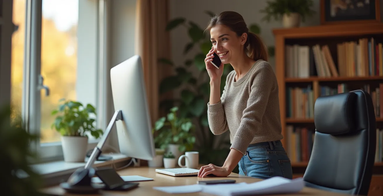 Person arbeitet an einem höhenverstellbaren Schreibtisch und macht nebenbei leichte Bewegungsübungen