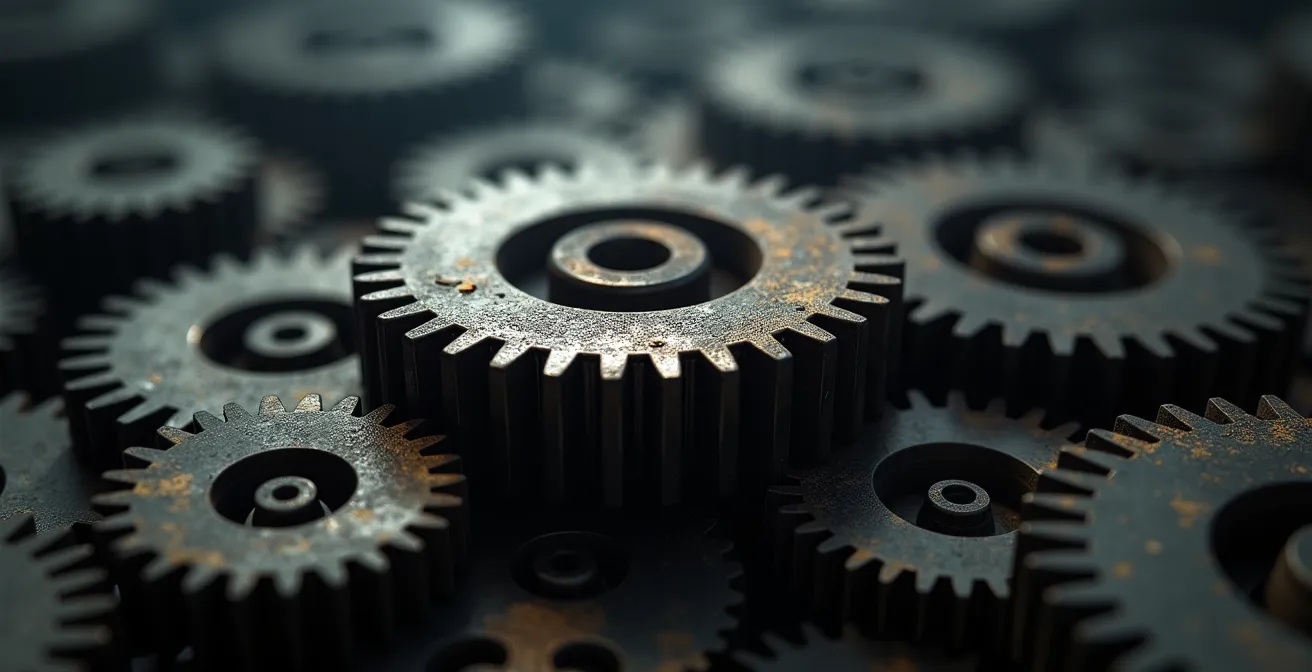 Abstrakte Darstellung der Optimierungsfalle mit überlappenden Zahnrädern die ins Leere laufen
