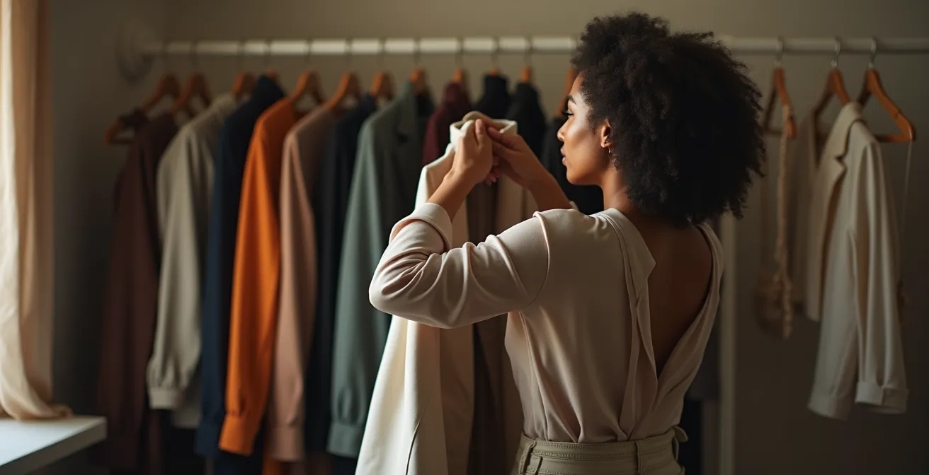 Durchdachtes Outfit-Arrangement in einem organisierten Kleiderschrank, das eine persönliche Stil-Uniform zeigt