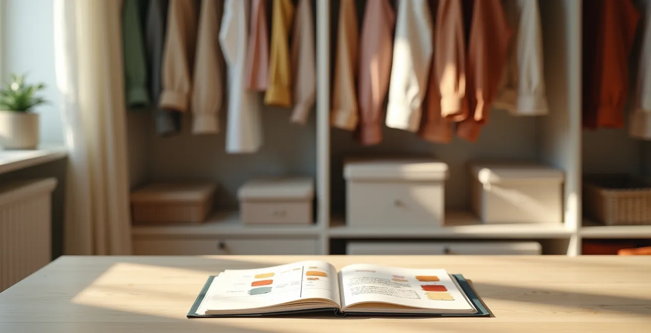 Ein organisierter Kleiderschrank mit einem Farbsystem und einem persönlichen Style-Dashboard, das die Erstellung eines Leitfadens symbolisiert.