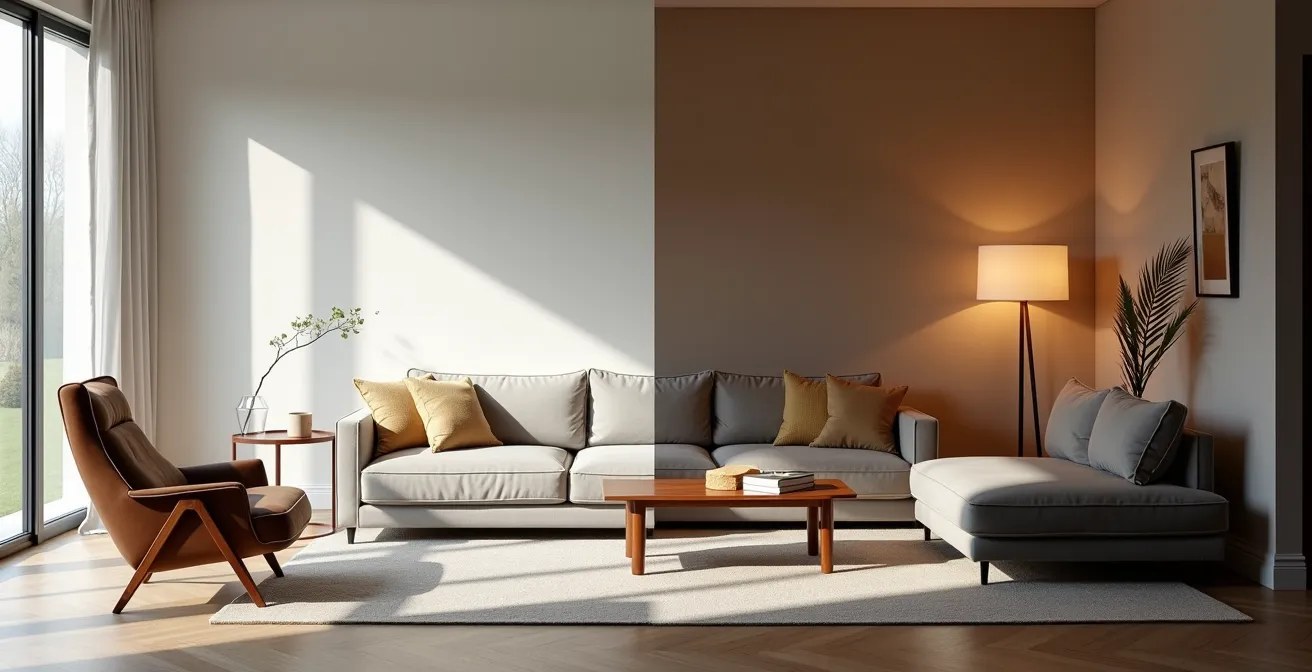 Kontrast zwischen einem sterilen, Instagram-perfekten Zimmer und einem gemütlichen, bewohnten deutschen Wohnzimmer.