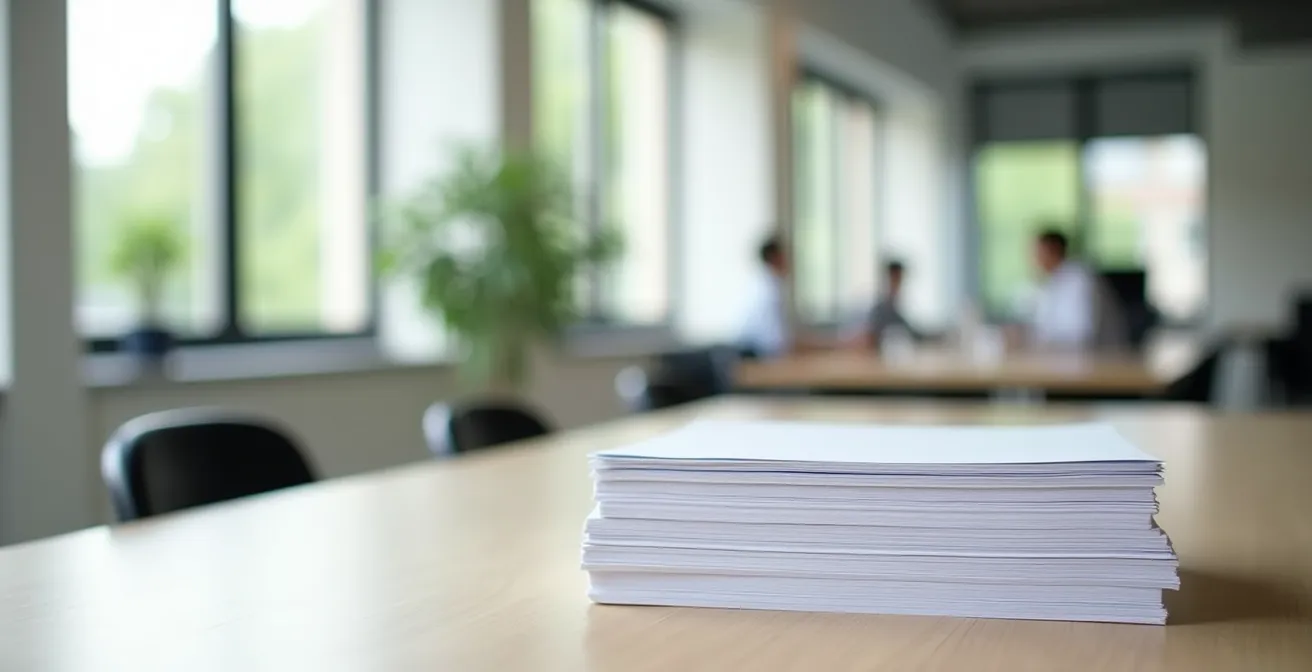 Stapel Recyclingpapier mit Blauer Engel Zertifizierung in deutschem Büro