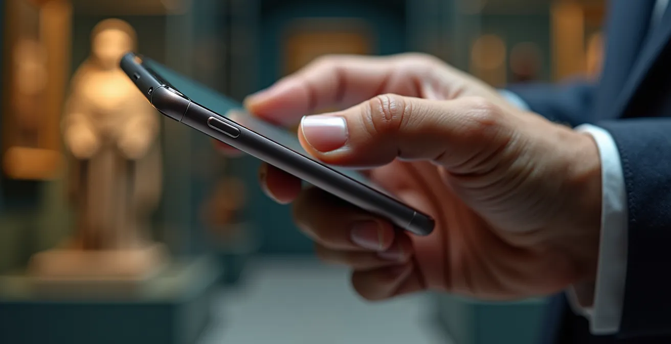 Hand hält Smartphone mit AR-Darstellung eines Museums-Exponats im realen Raum