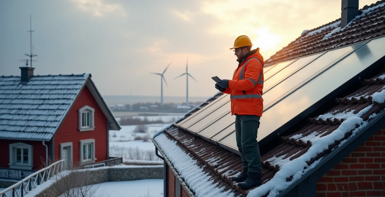 Moderne Solaranlage auf norddeutschem Hausdach im Winter mit optimaler Ausrichtung