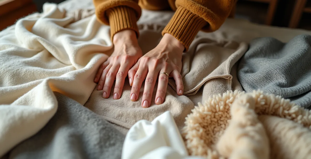 Nahaufnahme einer Person, die verschiedene Kleidungsstücke auf einem Bett arrangiert und nachdenklich betrachtet