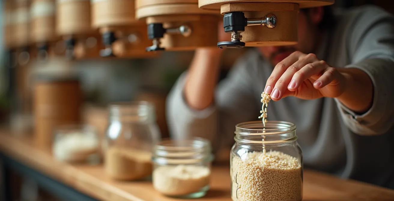 Person beim Abfüllen von Lebensmitteln in Glasbehälter im Unverpackt-Laden
