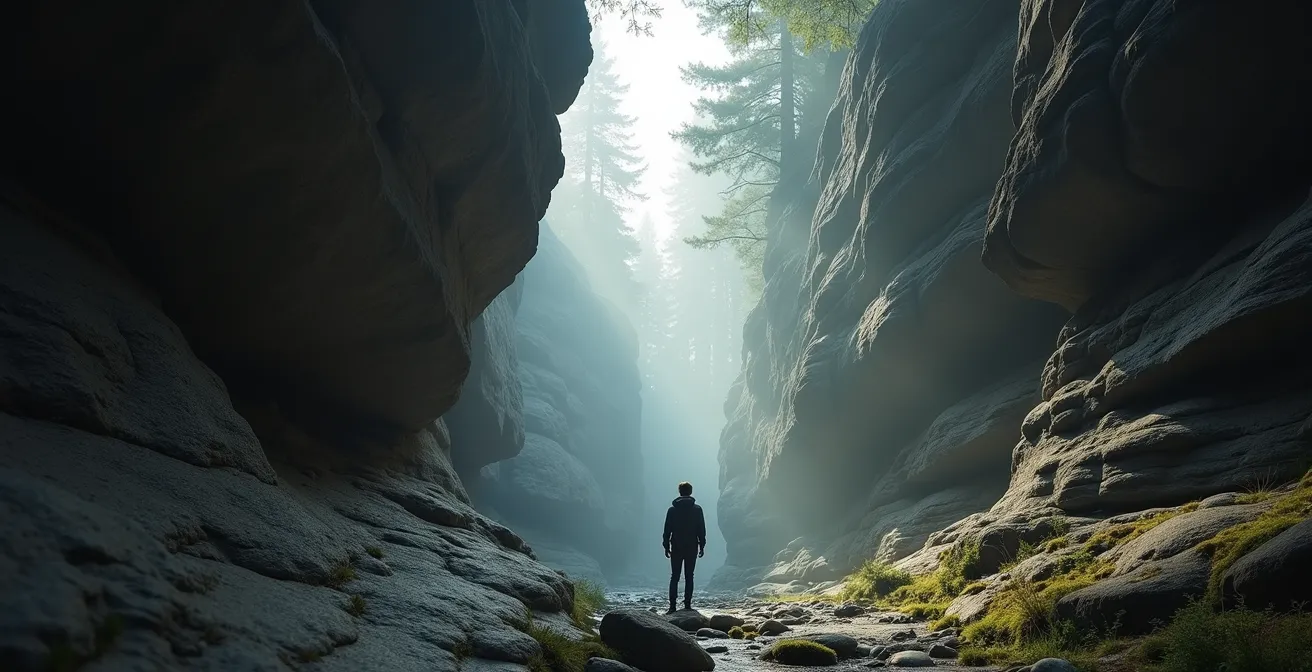 Ein einsamer Wanderer zwischen mystischen Felsformationen im Morgennebel, der die Größe der Natur spürbar macht